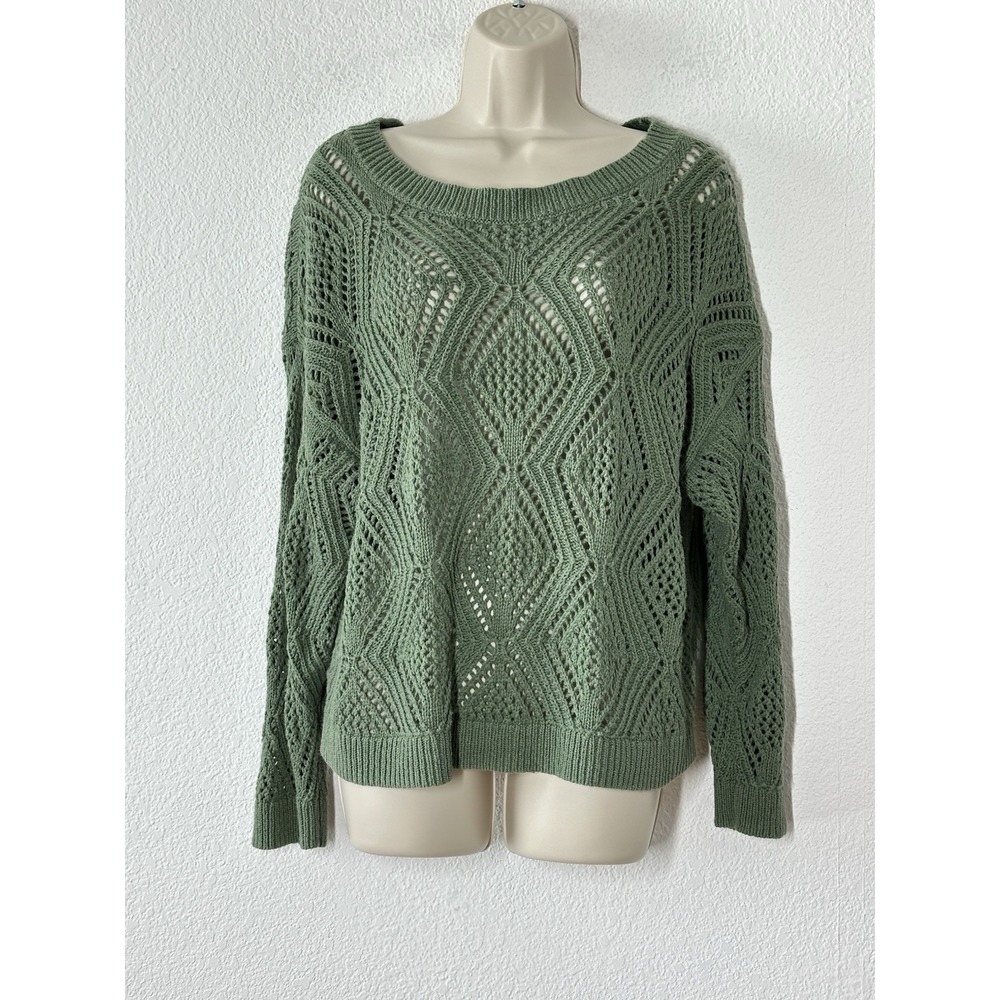 Green Crochet Sweater Open Knit Women‎ Size Large Cotton Blend Layering